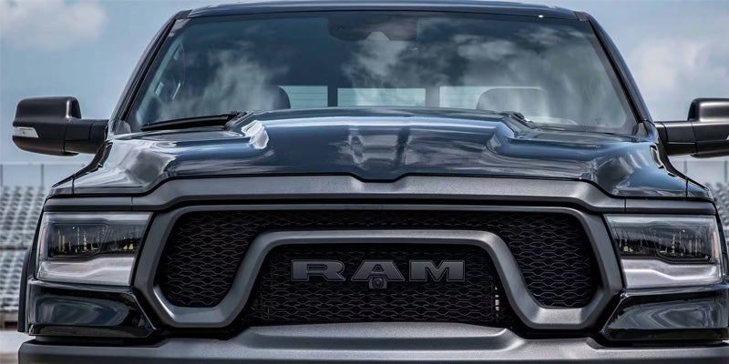 Close up photo of the grill of a Ram truck